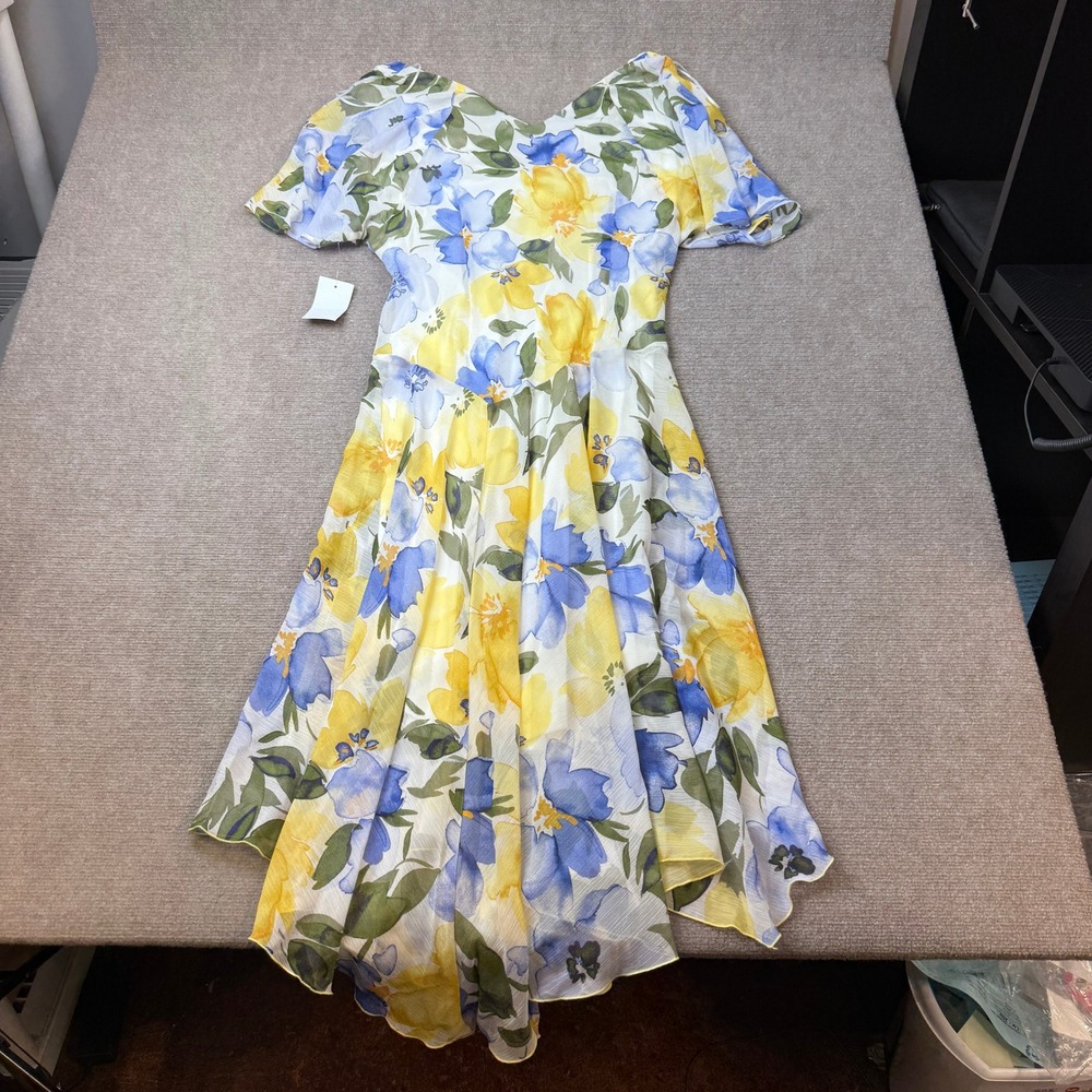 MSRP $79 Rabbit Rabbit Rabbit Womens 16 Blue/Yellow Floral Midi Dress V Neck - Picture 6 of 8